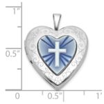 Sterling Silver Rhodium-plated Polished Front/Brushed Back Blue Cross Resin Cameo 20mm Heart Locket - Image 5