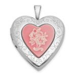 Sterling Silver Rhodium-plated Polished Front/Brushed Back Pink Flowers Resin Cameo 20mm Heart Locket