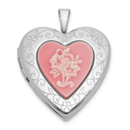 Sterling Silver Rhodium-plated Polished Front/Brushed Back Pink Flowers Resin Cameo 20mm Heart Locket