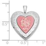 Sterling Silver Rhodium-plated Polished Front/Brushed Back Pink Flowers Resin Cameo 20mm Heart Locket - Image 5