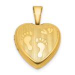 Sterling Silver Gold-plated Polished Front/Brushed Back Foot Prints with Hearts 12mm Heart Locket