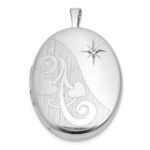 Sterling Silver Rhodium-plated Polished Front/Brushed Back 1/20 carat Diamond Hearts Swirl Design 26mm Oval Locket