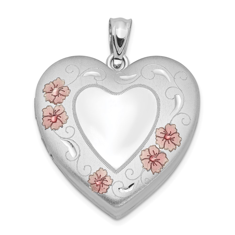 QLS327.jpg Sterling Silver Rhodium-plated 24mm Enameled Floral Border Heart Locket - Image 1