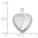 Sterling Silver Rhodium-plated 16mm Polished & Satin Cross Heart Locket - Image 4