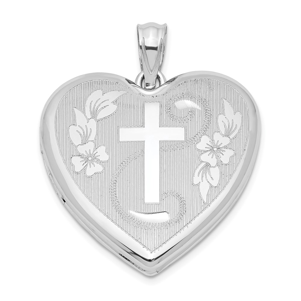 QLS387.jpg Sterling Silver Rhodium-plated 24mm D/C Cross Heart Locket - Image 1