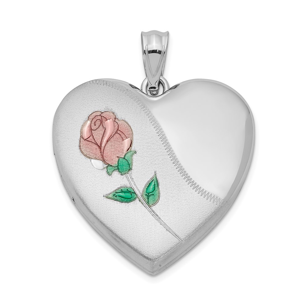QLS415.jpg Sterling Silver Rhodium-plated 24mm Satin Enameled & D/C Rose Locket - Image 1