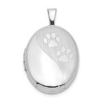 Sterling Silver Rhodium-plated Satin & Polished Paw Prints 19mm Oval Locket