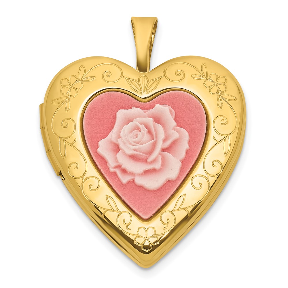 QLS781GP.jpg Sterling Silver Gold-plated Polished Front/Brushed Back Pink Rose Resin Cameo 20mm Heart Locket - Image 1