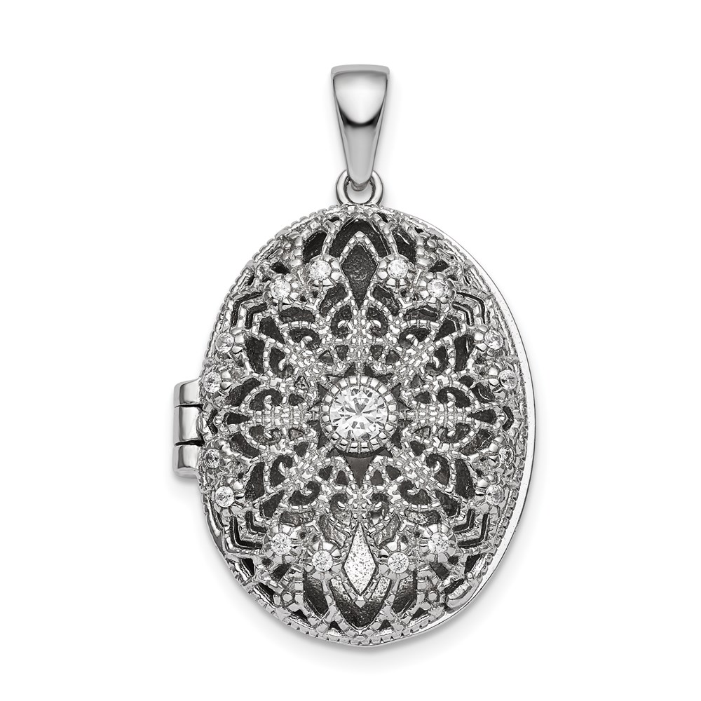 QLS838.jpg Sterling Silver Rhodium-plated CZ Filigree Top Polished Back Oval Locket - Image 1