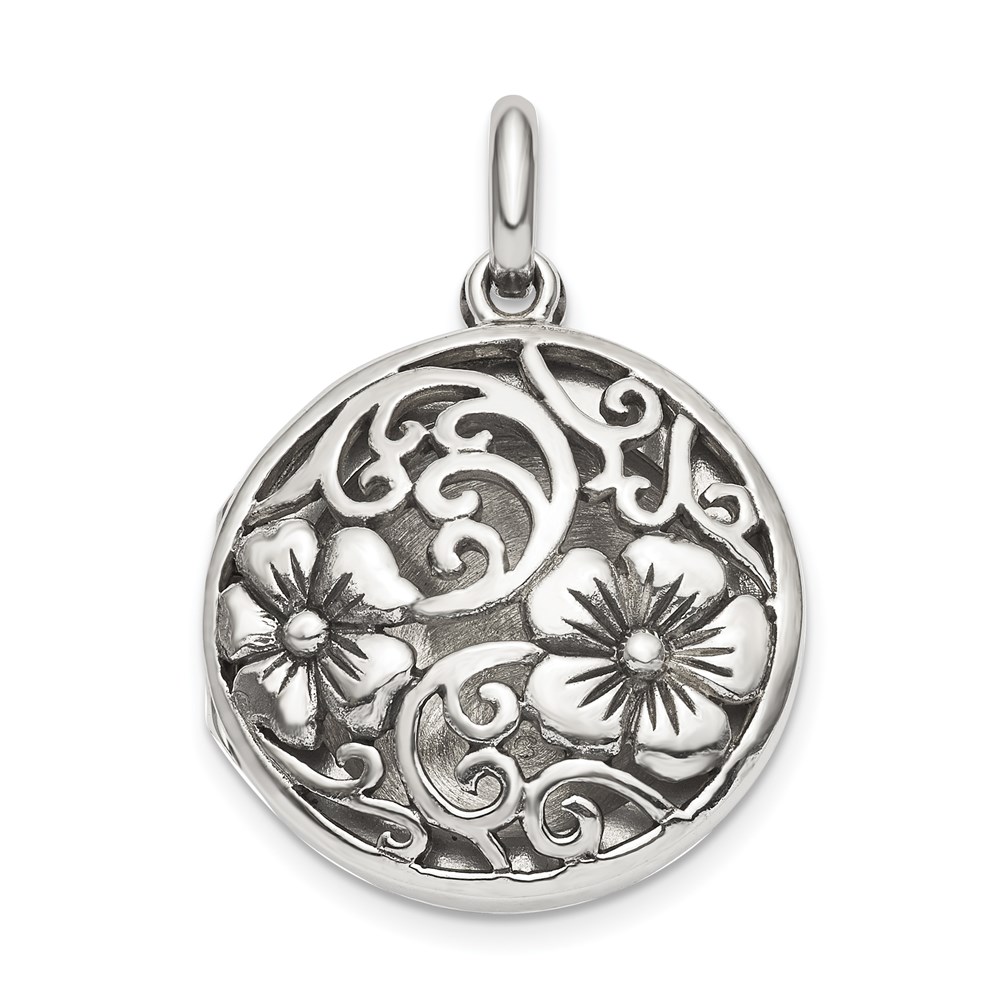 QLS848.jpg Sterling Silver Antiqued Filigree Floral Top 21mm Locket Pendant - Image 1