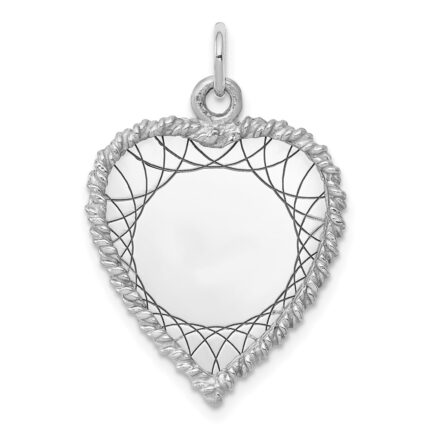 Sterling Silver Rh-plt Engraveable Heart Polished Front/Back Disc Charm