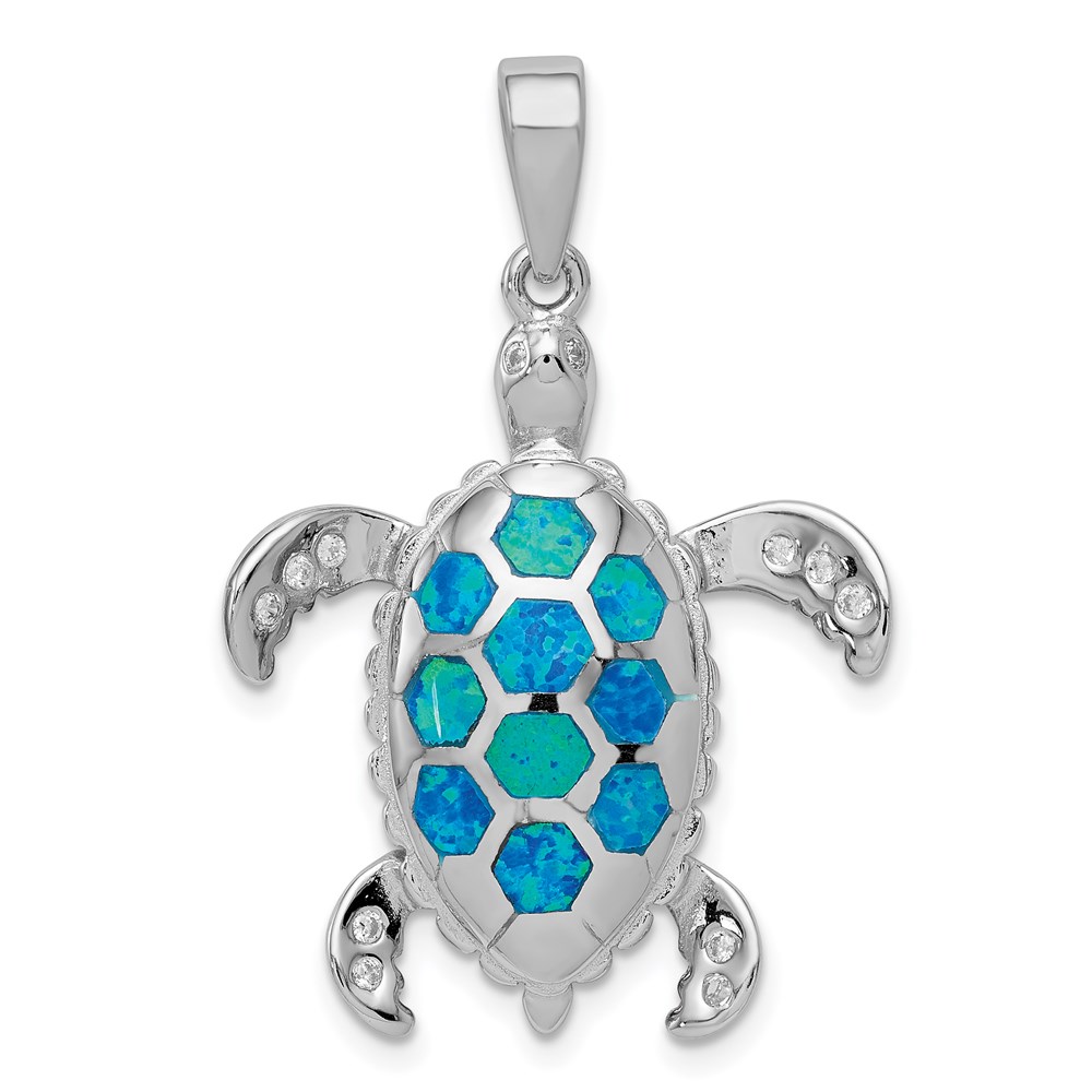 QP1892.jpg Sterling Silver Rhod-plated Created Blue Opal Inlay/CZ Tortoise Pendant - Image 1