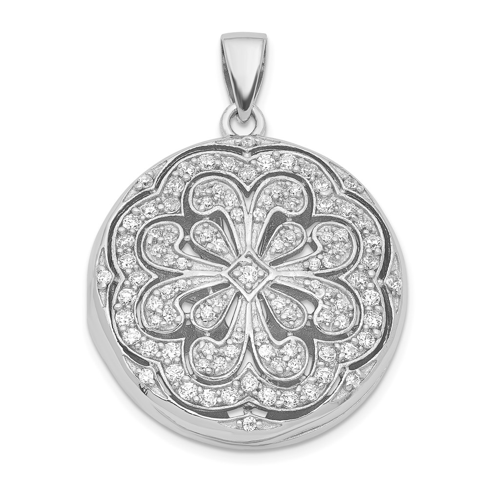 QP2049.jpg Sterling Silver Rhodium-plated CZ Flower Design 22mm Locket Pendant - Image 1