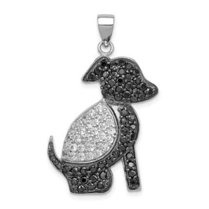 Sterling Silver Rhodium-plated Black and Clear CZ Dog Pendant
