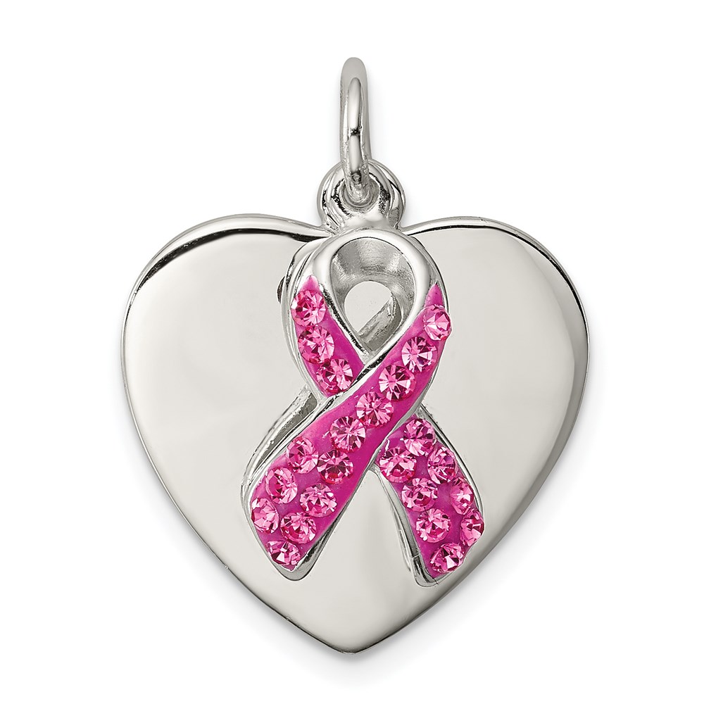 QP2498.jpg Sterling Silver Stellux Pink Awareness Ribbon w/ Heart Pendant - Image 1