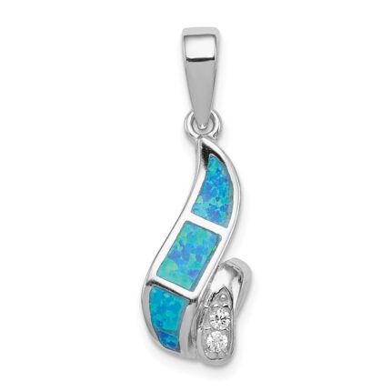 Sterling Silver Rhod-plated CZ Blue Inlay Created Opal Twisted Pendant