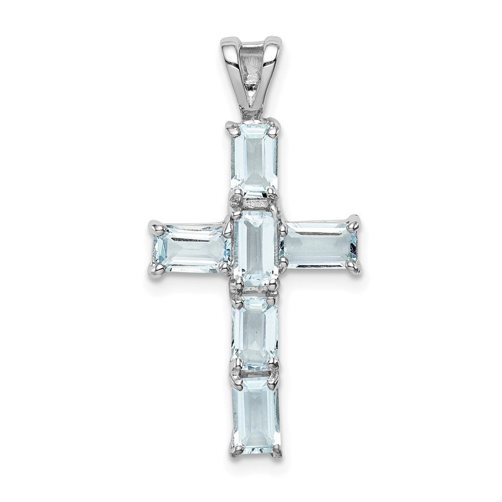 QP2953AQ.jpg Sterling Silver Rhodium Plated Aquamarine Cross Pendant - Image 1