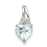 Sterling Silver Rhodium Plated Dia. & Aquamarine Heart Pendant