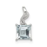 Sterling Silver Rhodium Plated Dia. & Aquamarine Square Pendant