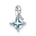 Sterling Silver Rhodium Plated Dia. & Aquamarine Square Pendant