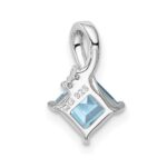 Sterling Silver Rhodium Plated Dia. & Aquamarine Square Pendant - Image 3