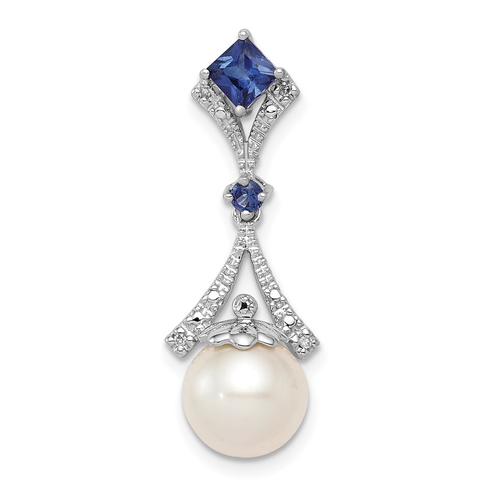 QP3187.jpg Sterling Silver Rhod Plated Dia. Created Sapphire FW Cultured Pearl Pendant - Image 1