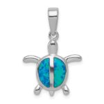 Sterling Silver Rhodium-plated Polished Created Blue Opal Turtle Pendant