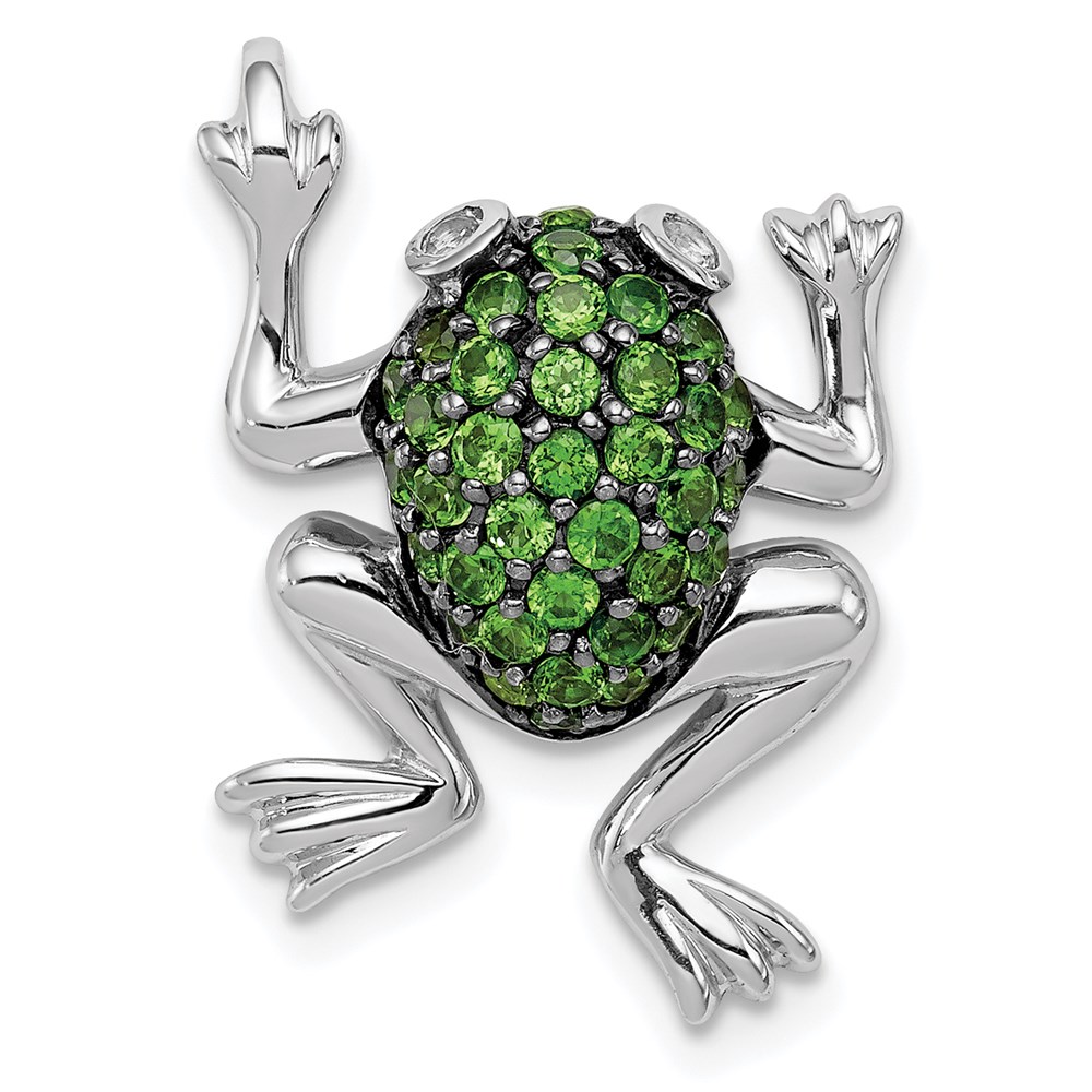 QP4550CD.jpg Sterling Silver Rhodium White Topaz & Chrome Diopside Frog Pendant - Image 1