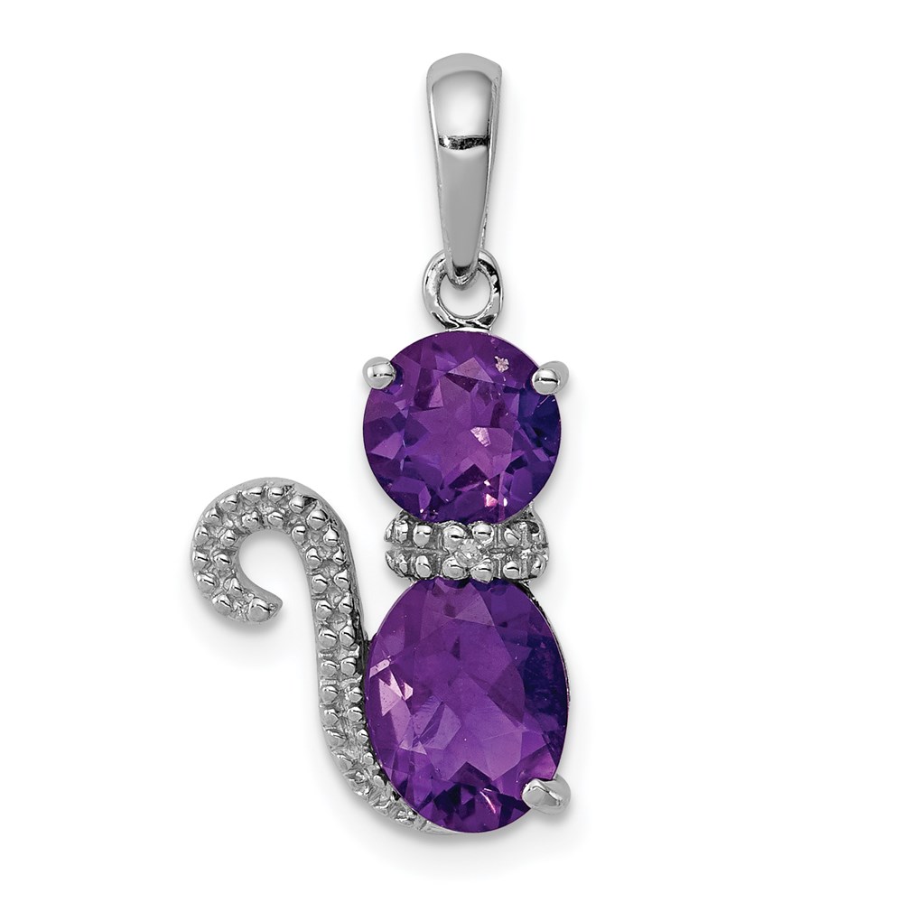 QP4551AM.jpg Sterling Silver Rhodium-plated Amethyst and Diamond Cat Pendant - Image 1