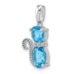 Sterling Silver Rhodium-plated Blue Topaz and Diamond Cat Pendant - Image 5