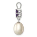 Sterling Silver Rhodium-plated 8-9mm White Teardrop Freshwater Cultured Pearl and .75AM Amethyst Pendant - Image 2