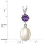 Sterling Silver Rhodium-plated 8-9mm White Teardrop Freshwater Cultured Pearl and .75AM Amethyst Pendant - Image 3