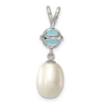 Sterling Silver Rhodium-plated 8-9mm White Teardrop Freshwater Cultured Pearl and 1.05BT Blue Topaz Pendant - Image 4