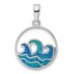 Sterling Silver Rhodium-plated Blue Created Opal Wave Pendant