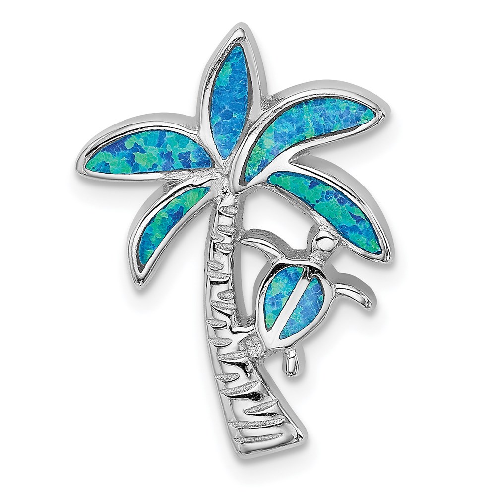 QP4862.jpg Sterling Silver Rhodium-plated Blue Inlay Created Opal Palm Tree Slide - Image 1