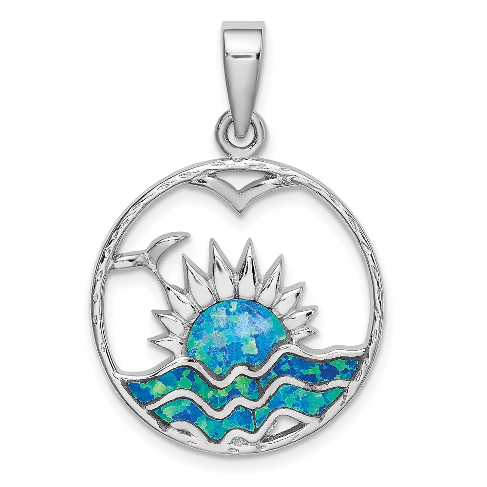 QP4865.jpg Sterling Silver Rhod-plated Blue Inlay Created Opal Sunrise Pendant - Image 1