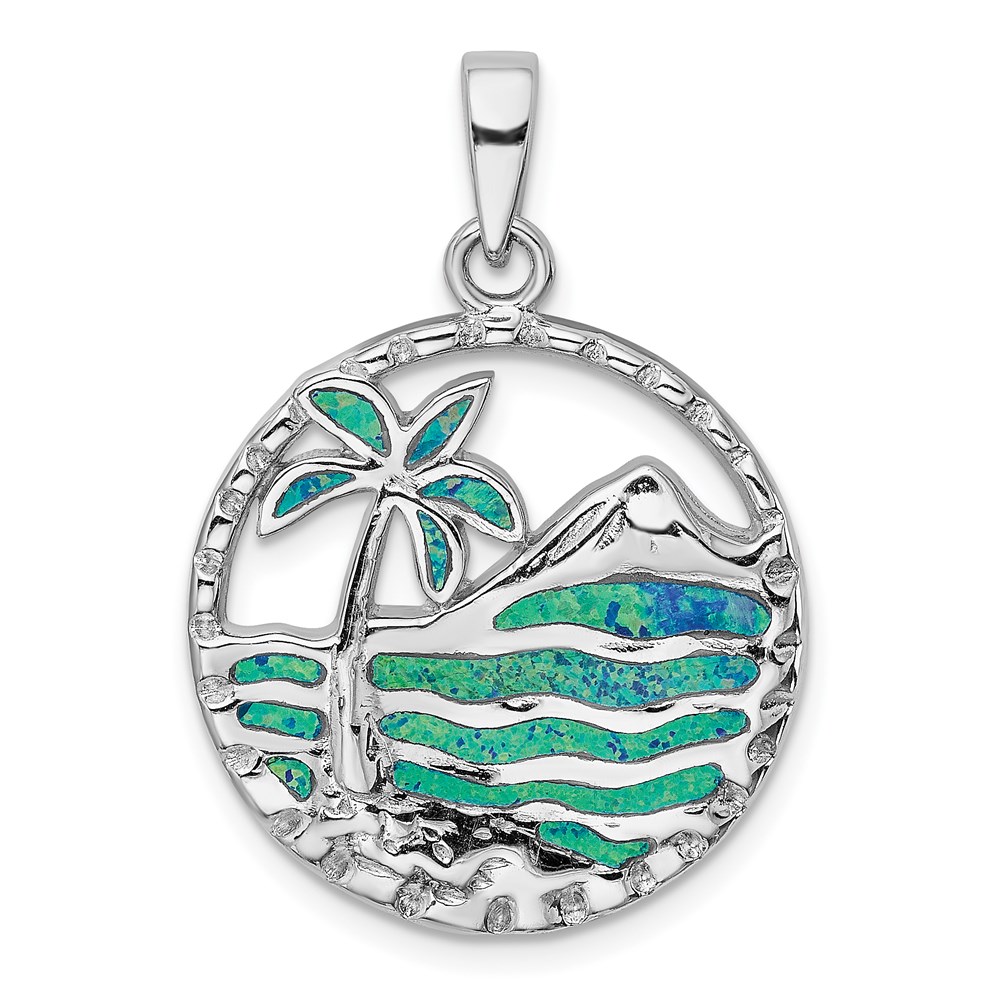 QP4867.jpg Sterling Silver Rhod-plated Created Opal Palm Tree Ocean Pendant - Image 1