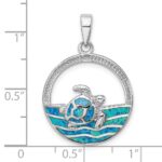 Sterling Silver Rhodium-plated Polished Blue Inlay Created Opal Turtle Pendant - Image 4