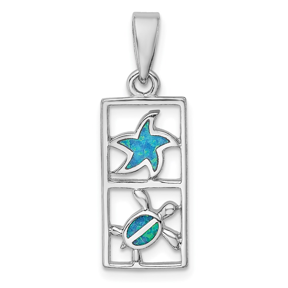 QP4874.jpg Sterling Silver Rhodium-plated Polished Blue Created Opal Starfish and Turtle Rectangle Pendant - Image 1