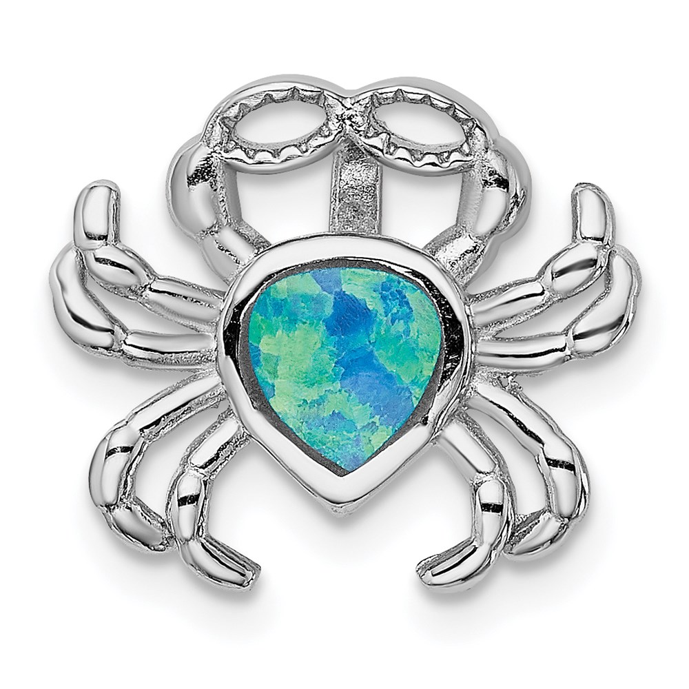 QP4875.jpg Sterling Silver Rhodium-plated Blue Inlay Created Opal Crab Slide - Image 1