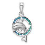 Sterling Silver Rhodium-plated Blue Inlay Created Opal Dolphin Pendant