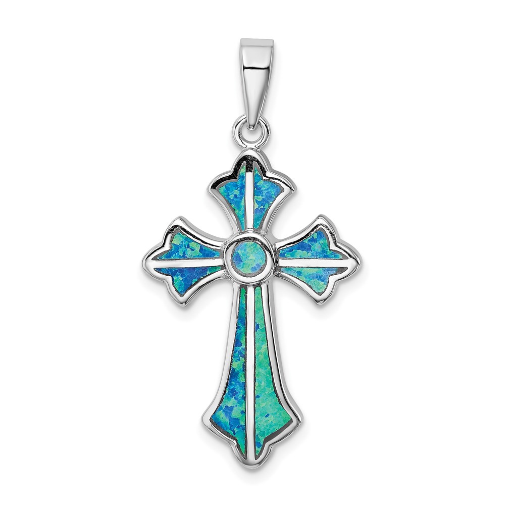 QP4880.jpg Sterling Silver Rhodium-plated Blue Inlay Created Opal Cross Pendant - Image 1
