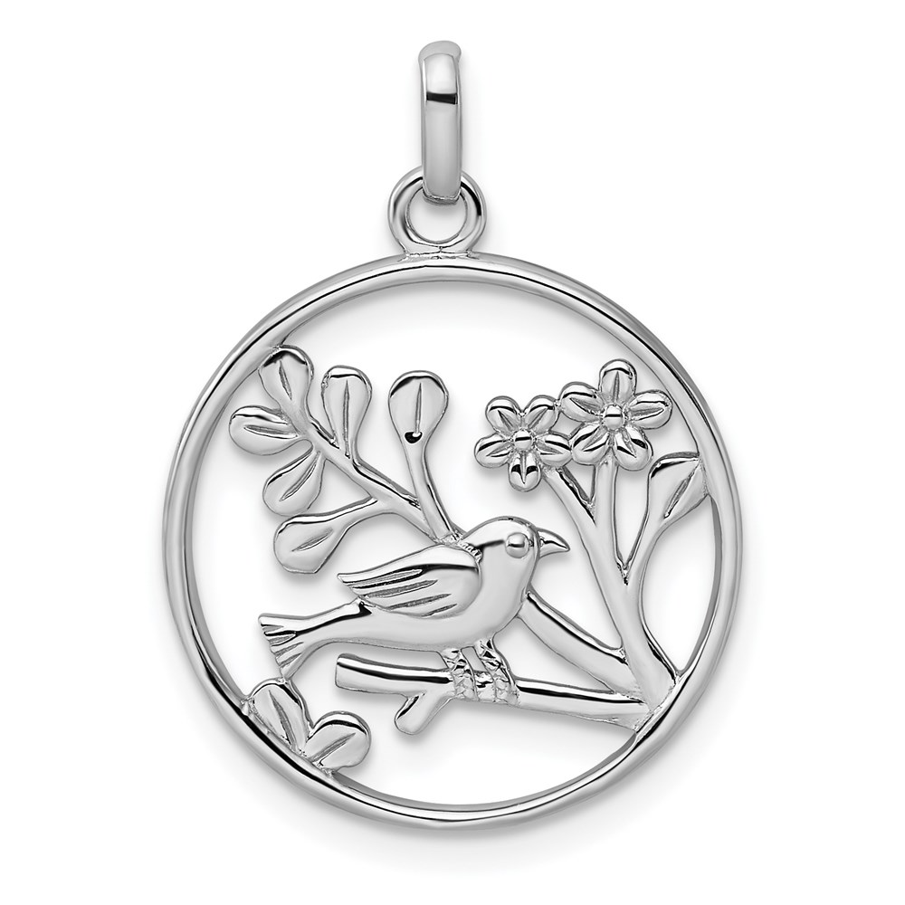 QP4907.jpg Sterling Silver Rhodium-plated Polished Bird and Flowers Pendant - Image 1