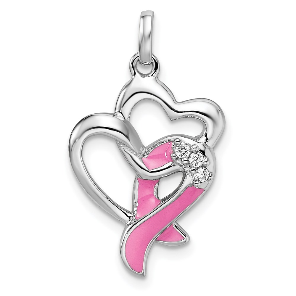 QP4923.jpg Sterling Silver Rhodium-plated Enamel CZ Ribbon Heart Pendant - Image 1