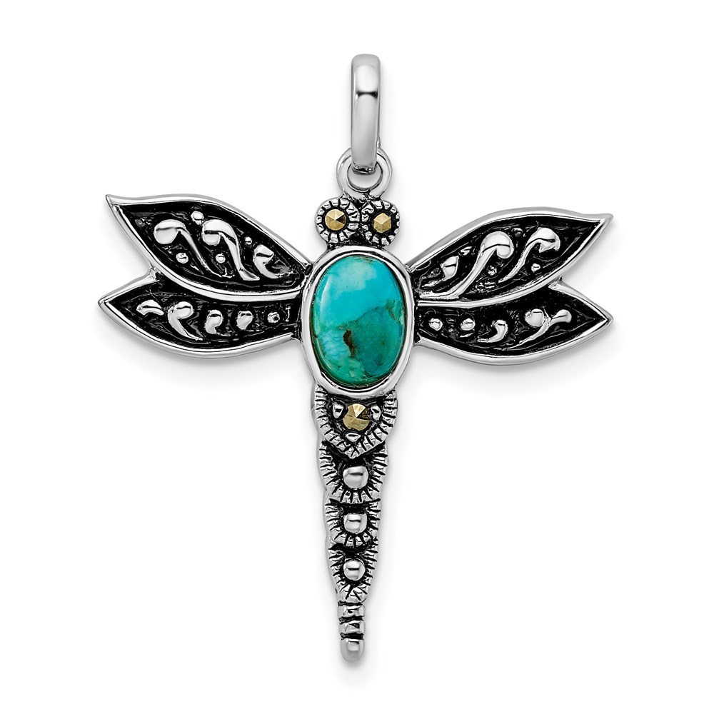 QP5011.jpg Sterling Silver Rhodium/Oxidized Recon. Turq/Marcasite Dragonfly Pendant - Image 1