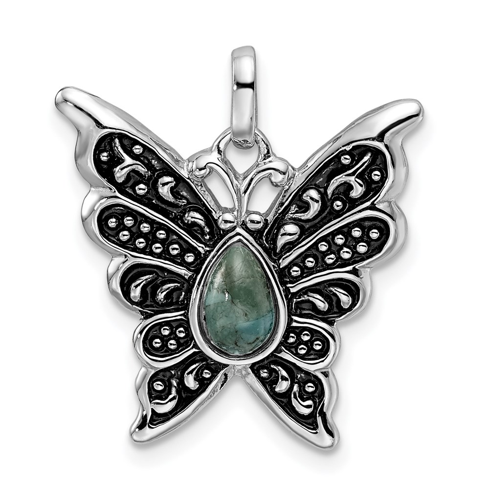 QP5013.jpg Sterling Silver Rhodium/Oxidized Reconstituted Turquoise Butterfly Pendant - Image 1