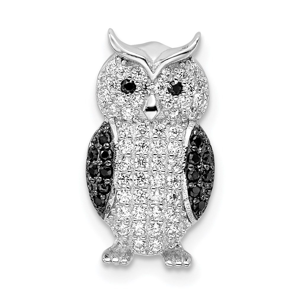 QP5021.jpg Sterling Silver Rhodium-plated Polished Black and White CZ Owl Slide Pendant - Image 1