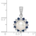 Sterling Silver RH-plated FWC Pearl/Syn. Blue Spinel Flower Pendant - Image 4