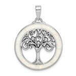 Sterling Silver Rhodium-plated Created Opal Circle w/Tree Pendant