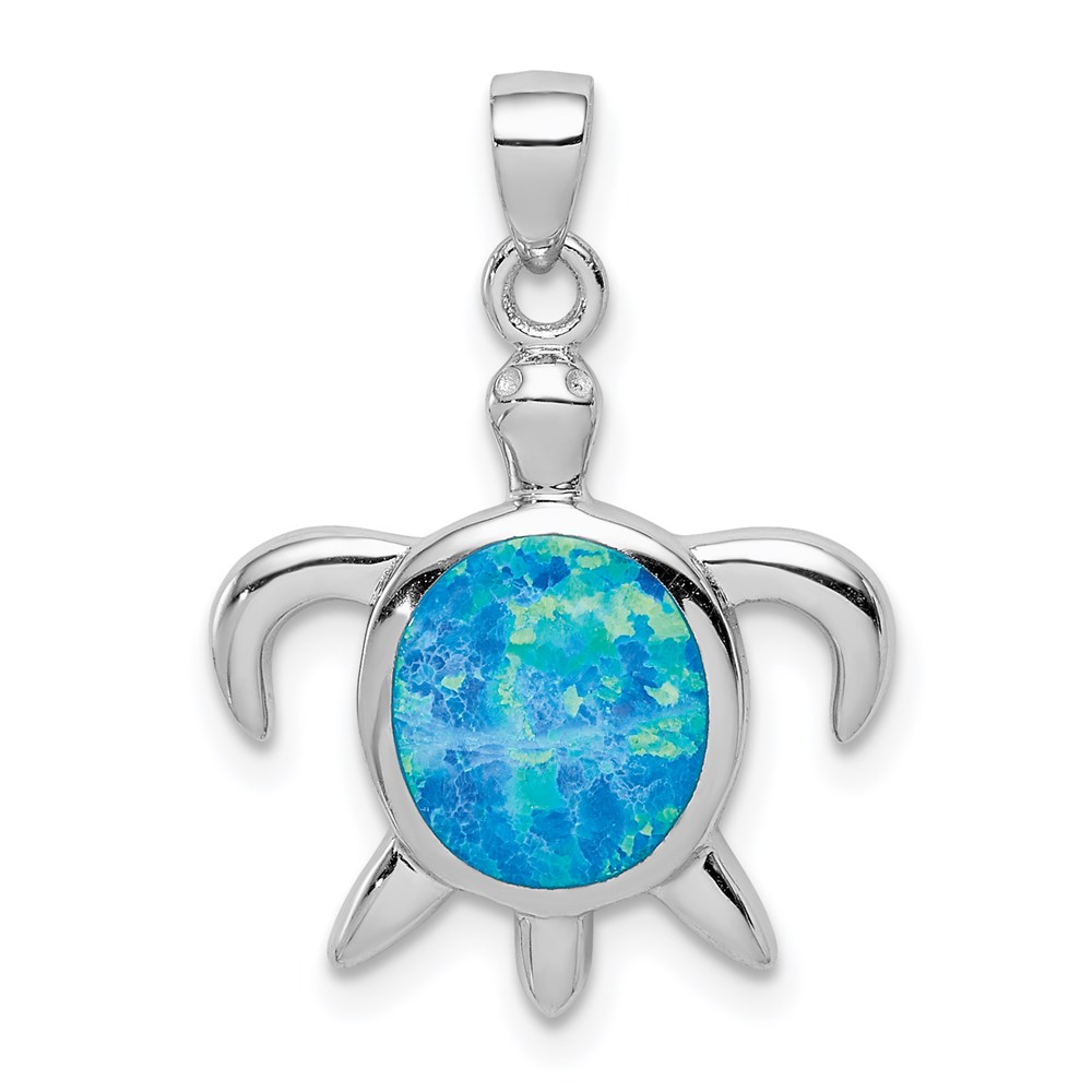 QP5136.jpg Sterling Silver Rhodium-plated Polished Created Opal Turtle Pendant - Image 1